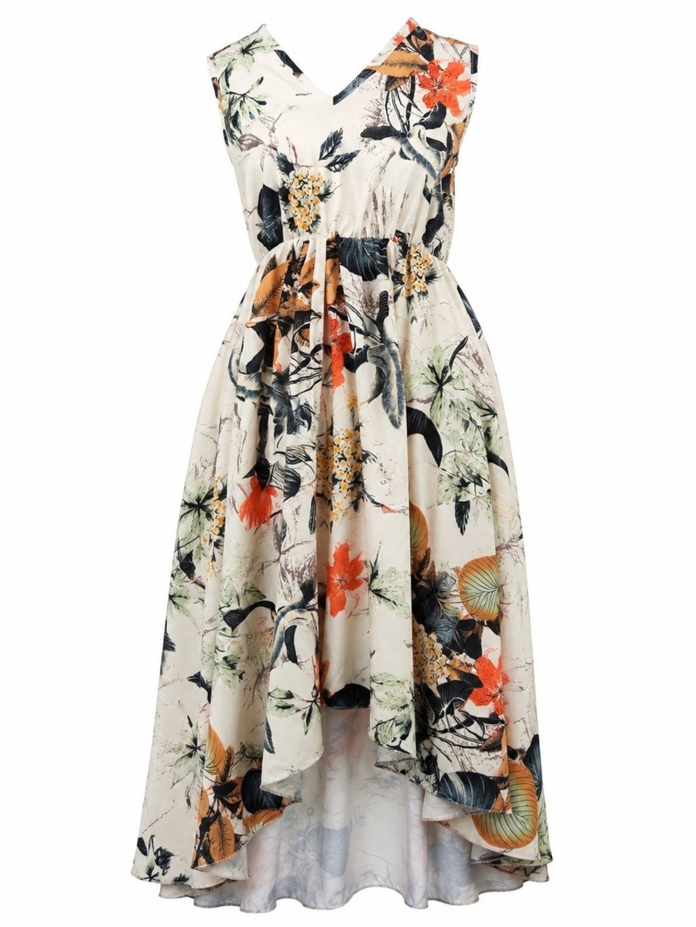 Floral High-Low Maxi Dress in Cream with Orange & Green Accents